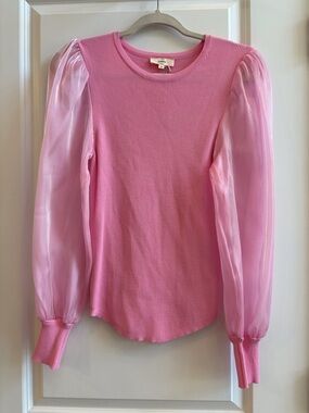 NWT entro Pink Ribbed Knit Top with Sheer Puff Sleeves